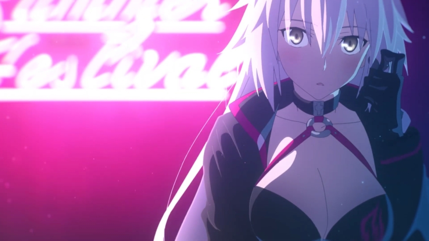 1girl bikini black_bikini black_gloves black_jacket blush breasts cleavage collarbone fate/grand_order fate_(series) female_focus gloves high_heels jacket jeanne_d'arc_(fate) jeanne_d'arc_alter_(fate) jeanne_d'arc_alter_(swimsuit_berserker)_(fate) large_breasts long_hair long_sleeves looking_at_viewer o-ring o-ring_bikini_top o-ring_swimsuit open_mouth sexually_suggestive solo solo_focus swimsuit white_hair yellow_eyes