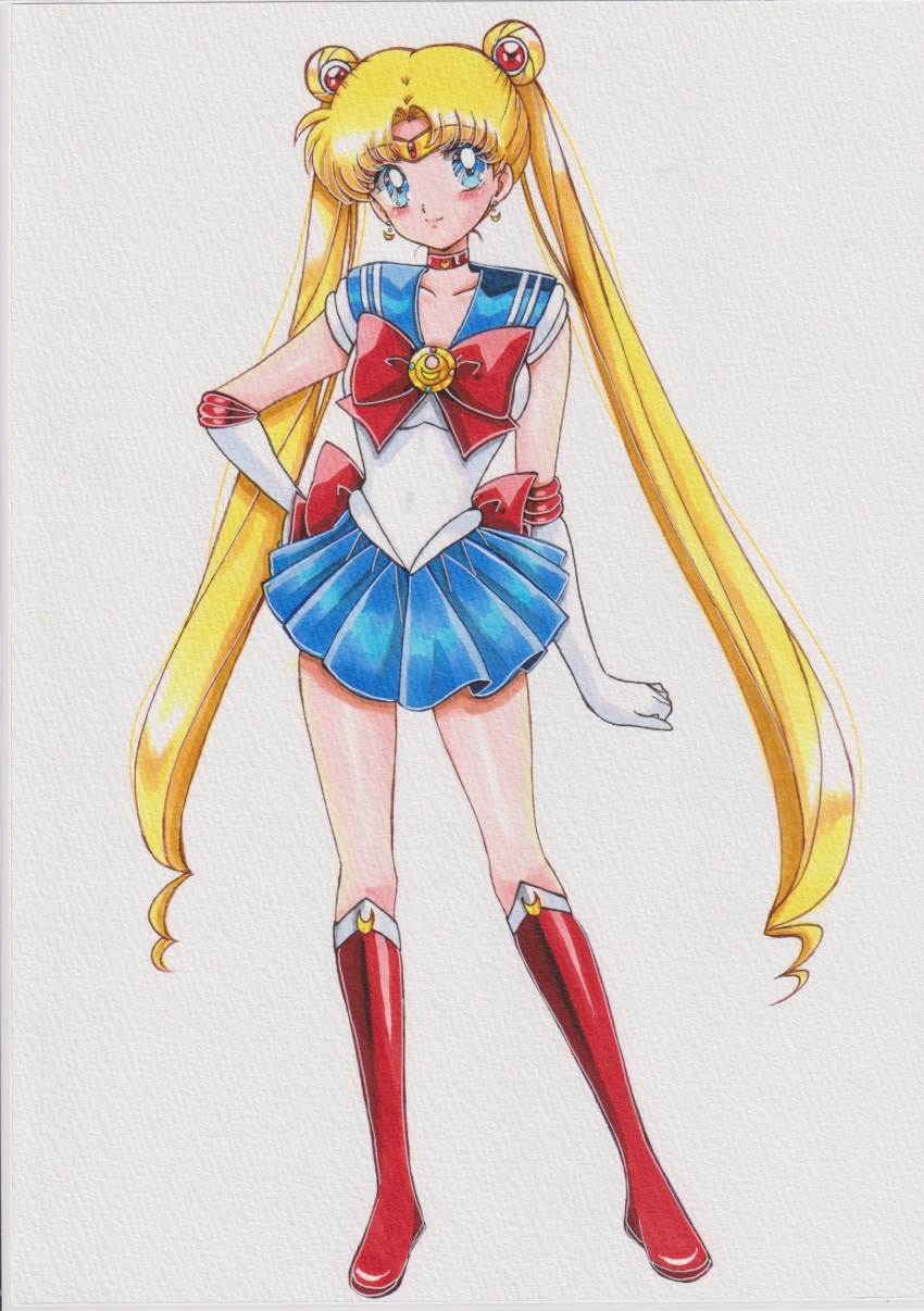 1girl absurdres adult_swim bishoujo_senshi_sailor_moon bishoujo_senshi_sailor_moon_r bishoujo_senshi_sailor_moon_r:_the_movie bishoujo_senshi_sailor_moon_s bishoujo_senshi_sailor_moon_s_the_movie:_kaguya-hime_no_koibito bishoujo_senshi_sailor_moon_stars bishoujo_senshi_sailor_moon_supers bishoujo_senshi_sailor_moon_supers_the_movie:_sailor_9_senshi_shuuketsu!_black_dream_hole_no_kiseki blonde_hair blue_eyes blue_sailor_collar bow chikoto_(kztc4472) choker collarbone crescent crescent_choker crescent_earrings double_bun earrings elbow_gloves gloves hair_bun hair_ornament heart heart_choker highres jewelry long_hair magical_girl parted_bangs red_bow red_choker sailor_collar sailor_moon sailor_senshi_uniform skirt solo toei_company toonami transformation_brooch_(sailor_moon) tsukino_usagi twintails very_long_hair viz_media white_gloves