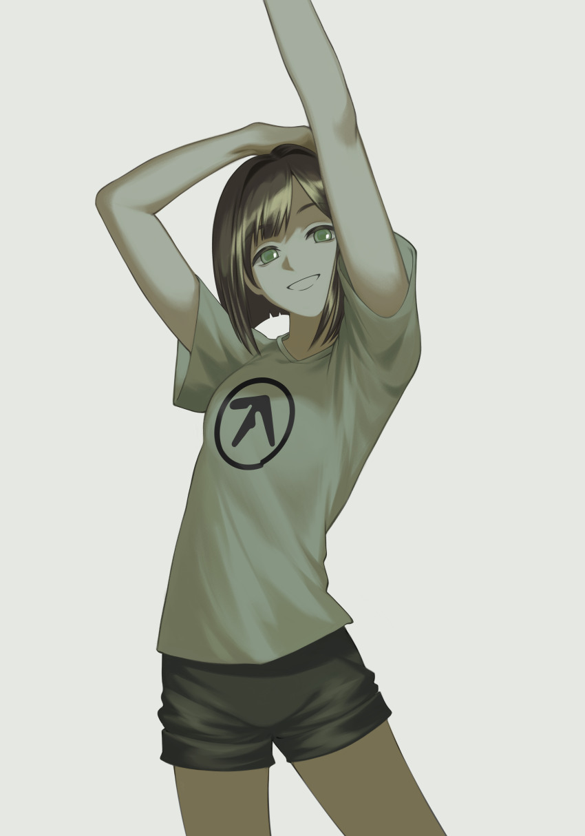1girl absurdres aphex_twin black_shorts bob_cut brown_hair commission commissioner_upload ever_aria green_eyes green_shirt grey_background hand_on_own_head hand_up highres looking_at_viewer non-web_source pantyhose print_shirt shadow shirt short_shorts shorts simple_background smile solo t-shirt