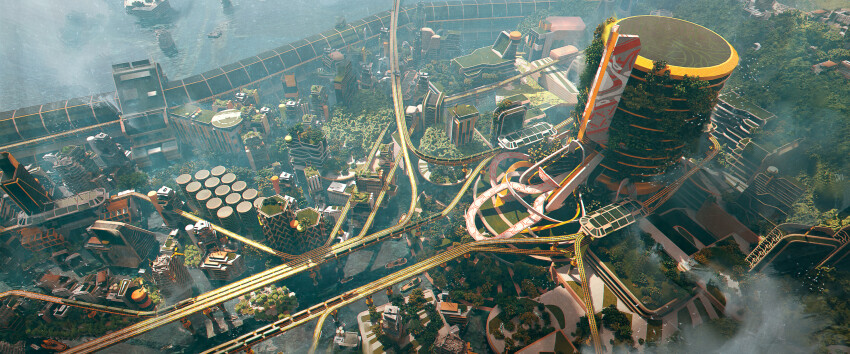 absurdres boat building city cityscape commentary day english_commentary felixriano from_above highres lake no_humans original outdoors plant railroad_tracks scenery science_fiction solarpunk tower train watercraft