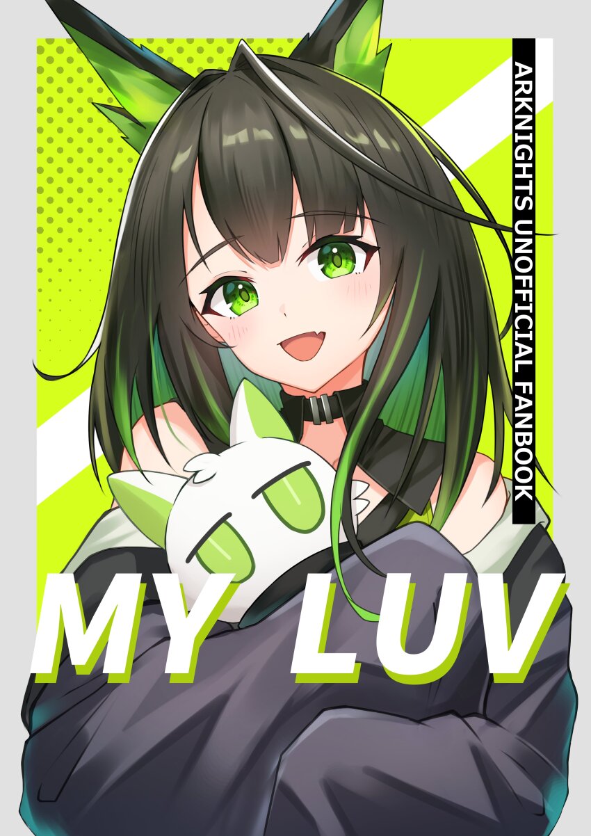 1girl :d absurdres animal_ears arknights bare_shoulders black_hair black_jacket border colored_inner_hair commentary_request english_text fang green_eyes green_hair green_shirt green_streaks grey_border head_tilt highres holding holding_stuffed_toy hugging_object jacket k@bu light_blush looking_at_viewer mon3tr_(arknights) multicolored_hair off_shoulder open_mouth shirt short_hair skin_fang sleeveless sleeveless_shirt smile solo straight-on streaked_hair stuffed_animal stuffed_toy upper_body