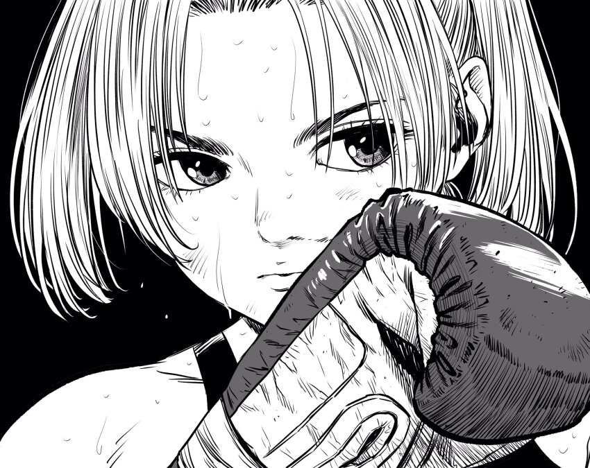 1girl boxing_gloves close-up commentary_request forehead greyscale hatching_(texture) highres lee_(dragon_garou) light_frown lips monochrome original ponytail portrait serious sideways_glance solo sports_bra sweat very_sweaty