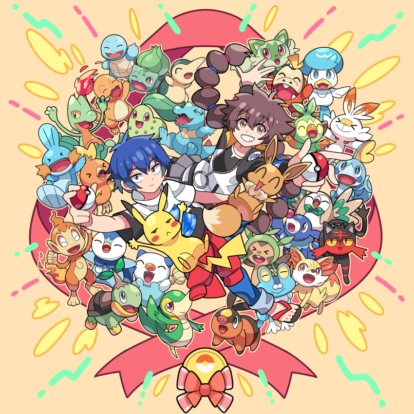 1boy 1girl bike_shorts black_shirt blue_hair brown_eyes brown_hair bulbasaur charmander chespin chikorita chimchar closed_mouth commentary_request eevee eyelashes fennekin froakie fuecoco gen_1_pokemon gen_2_pokemon gen_3_pokemon gen_4_pokemon gen_5_pokemon gen_6_pokemon gen_7_pokemon gen_8_pokemon gotcha! gotcha!_boy_(pokemon) gotcha!_girl_(pokemon) grey_skirt grin grookey hair_between_eyes highres holding holding_poke_ball jacket litten long_hair mudkip multi-tied_hair nintendo oshawott pikachu piplup pleated_skirt poke_ball poke_ball_(basic) pokemon pokemon_(creature) popplio quaxly rowlet scorbunny shirt short_hair short_sleeves skirt smile snivy sobble sprigatito squirtle stchame teeth tepig torchic totodile treecko turtwig twintails zipper