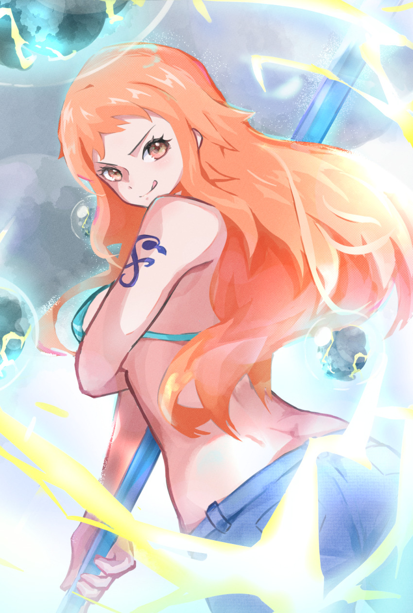 1girl 2022 :q arm_under_breasts ass bare_shoulders bikini bikini_top_only blue_pants breasts brown_eyes butt_crack clima-tact closed_mouth cloud commentary cowboy_shot denim electricity from_behind from_side green_bikini highres holding holding_staff jeans licking_lips long_hair looking_at_viewer maato_tac medium_breasts nami_(one_piece) nami_(one_piece)_(return_to_sabaody) official_alternate_costume one_piece orange_hair pants shoulder_tattoo sidelocks solo staff striped_bikini striped_clothes swimsuit tattoo tongue tongue_out wavy_hair