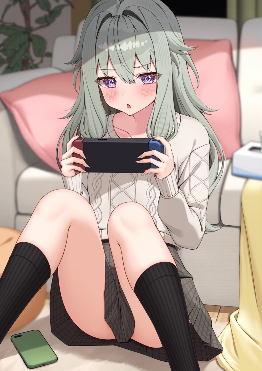 1girl :o black_socks blurry blurry_background blush cellphone charl2837 choppy_bangs commentary_request couch depth_of_field feet_out_of_frame grey_hair grey_skirt grey_sweater hair_between_eyes hair_intakes hair_over_shoulder handheld_game_console highres holding holding_handheld_game_console indoors kneehighs knees_up kusanagi_nene long_bangs long_hair long_sleeves looking_at_viewer m_legs miniskirt nintendo_switch on_floor parted_lips phone pleated_skirt project_sekai purple_eyes ribbed_socks sitting skirt smartphone socks solo spread_legs sweater v-shaped_eyebrows variant_set