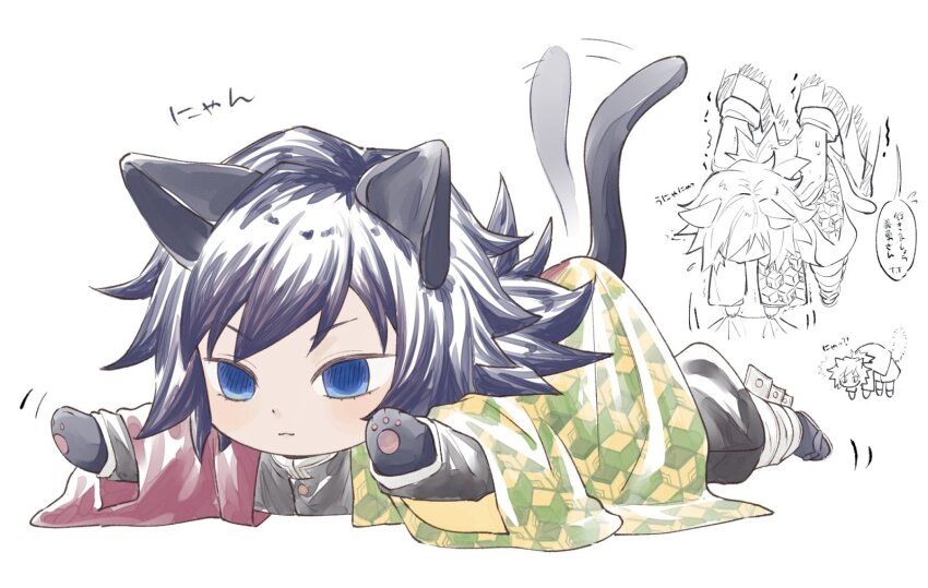 1boy animal_ears animal_hands black_hair black_jacket black_pants black_socks blue_eyes buttons cat_boy cat_ears cat_paws cat_tail closed_mouth demon_slayer_uniform empty_eyes full_body gold_buttons haori high_collar jacket japanese_clothes kikkoumon kimetsu_no_yaiba long_hair low_ponytail lying male_focus multiple_views nem_yamm on_stomach pants ponytail print_haori red_haori sandals socks solo_focus speech_bubble spiked_hair tail tomioka_giyuu translation_request white_background