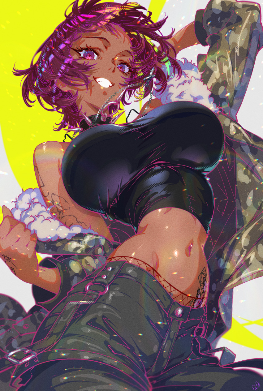 1girl absurdres breasts butterfly_tattoo collar commentary_request cross cross_necklace dark_skin fishnets flower_tattoo highres jewelry large_breasts midriff momoyama_tits navel necklace original smile solo spiked_collar spikes tattoo