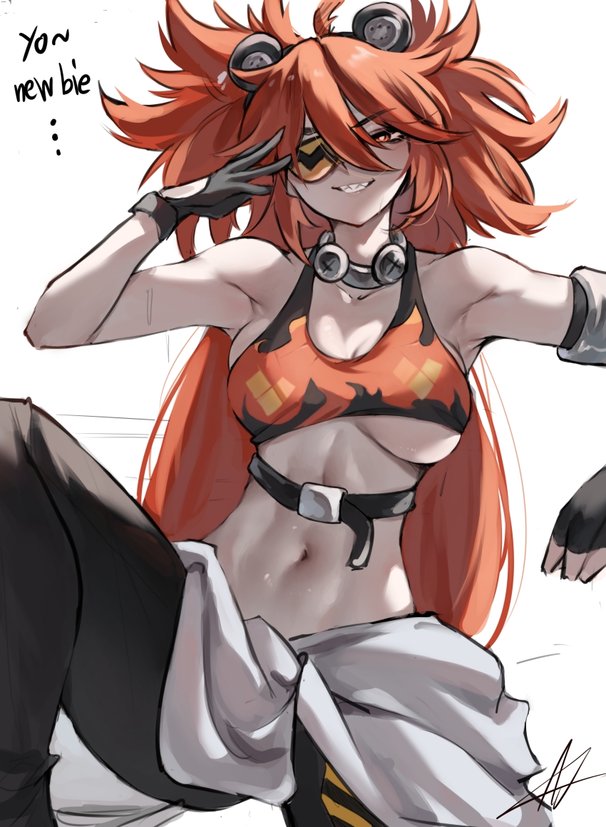 1girl absurdres ahoge amtv8428 animal_ears bare_shoulders bear_ears black_gloves breasts crop_top eyepatch fake_animal_ears fingerless_gloves gloves hair_between_eyes hair_ornament highres koleda_belobog long_hair looking_at_viewer navel original pants red_eyes red_hair solo sphere_hair_ornament twintails zenless_zone_zero