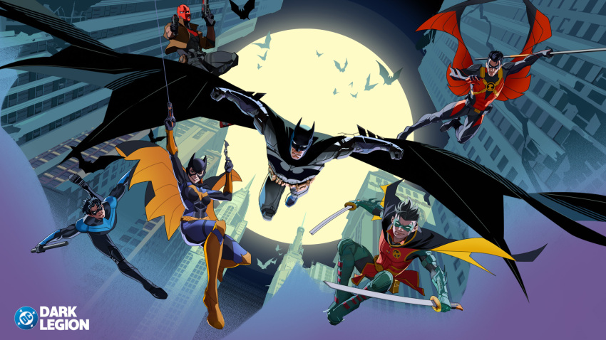 barbara_gordon bat_signal batgirl batman batman_(series) batman_symbol black_bodysuit black_gloves bodysuit brown_jacket bruce_wayne cowl damian_wayne dc:_dark_legion dc_comics dick_grayson domino_mask escrima_sticks eye_mask full_body gloves grey_bodysuit highres jacket jason_todd mask multicolored_bodysuit muscular muscular_male nightwing official_art open_clothes pants pectorals red_hood_(dc) red_mask red_robin robin_(dc) short_hair superhero_costume taut_bodysuit tim_drake two-tone_bodysuit