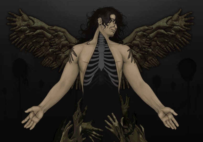 1boy black_hair commentary cowboy_shot deadbodyhubby english_commentary exposed_bone hand_wings head_tilt highres hole_in_chest hole_on_body male_focus messy_hair original outstretched_arms ribs scar scar_on_hand short_hair too_many_hands wings