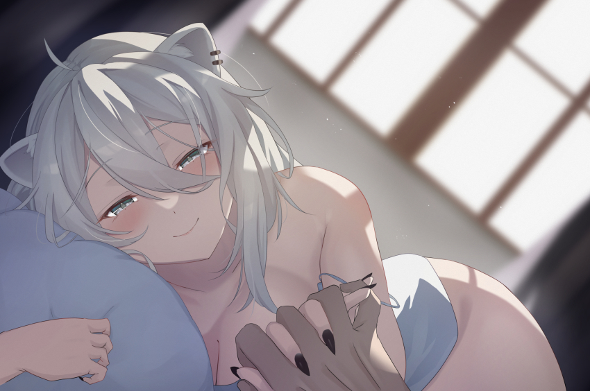 1boy 1girl alternate_costume animal_ear_fluff animal_ear_piercing animal_ears black_nails blurry blurry_background blush breasts camisole cleavage closed_mouth commentary depth_of_field double-parted_bangs grey_eyes grey_hair hair_between_eyes half-closed_eyes highres holding_hands hololive hugging_object interlocked_fingers large_breasts light_particles lion_ears lion_tail long_hair lying masaya_tayo messy_hair morning nail_polish no_pants on_side pillow pillow_hug pov pov_hands raised_eyebrows seductive_smile shishiro_botan smile strap_slip tail virtual_youtuber white_camisole window