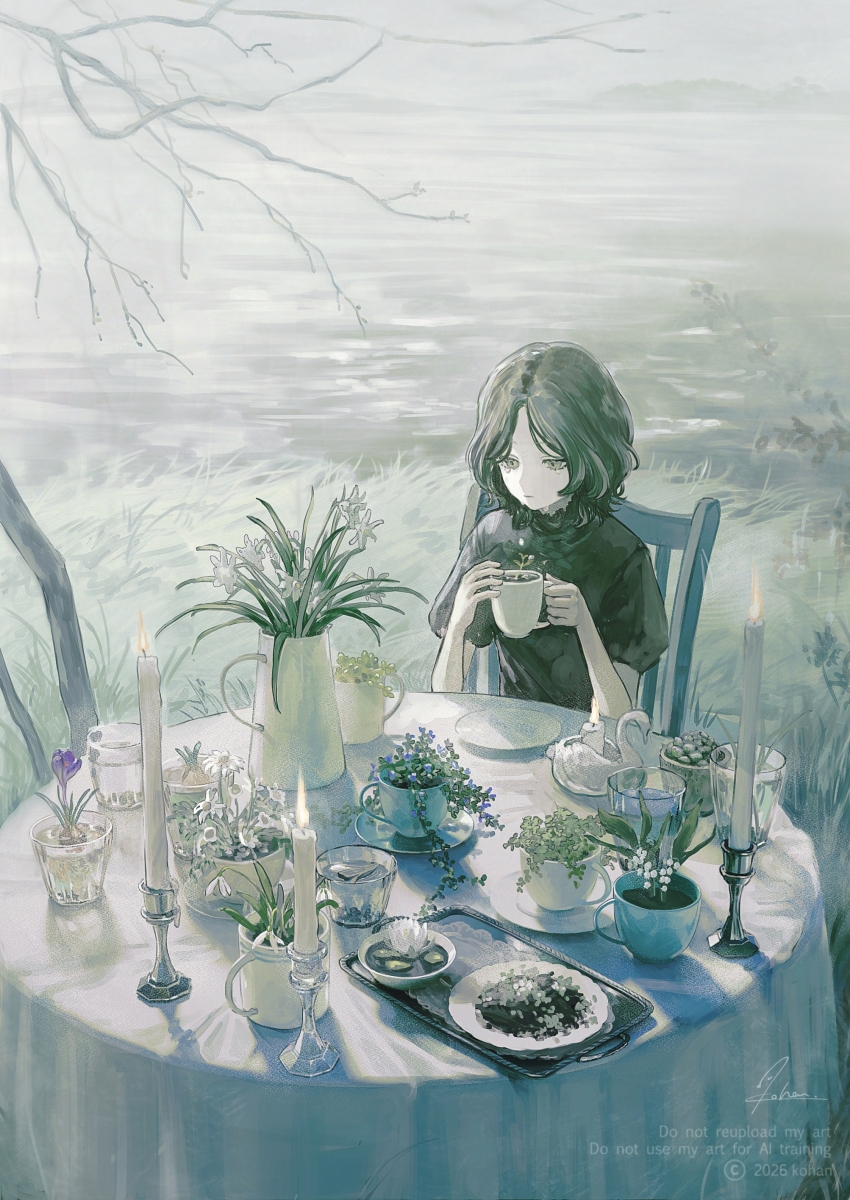 1girl absurdres black_hair black_shirt bowl branch candle candlestand chair closed_mouth coffee_mug commentary_request copyright_notice cup daisy_(flower) day flower flower_request grey_eyes highres holding holding_cup kotorino_mabuta mug on_chair original outdoors plant plate potted_plant sad shirt short_hair short_sleeves sitting solo table tablecloth tearing_up tray watermark white_flower