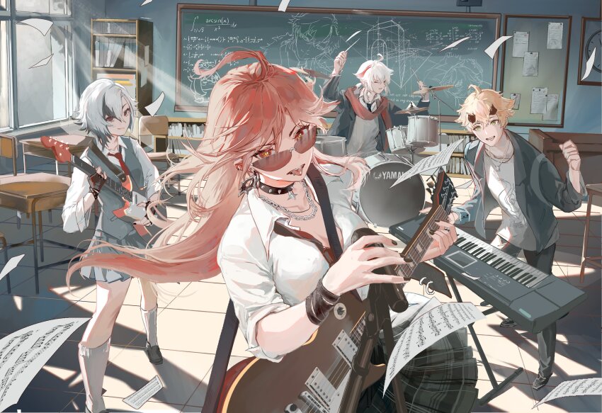 2boys 2girls absurdres ahoge alternate_costume arlecchino_(genshin_impact) black_choker black_eyes black_gloves black_nails black_necktie black_pants blonde_hair book bookshelf bracelet breasts chair chalkboard choker classroom cleavage clenched_hand clock closed_eyes collared_shirt commentary cymbals desk drum drum_set ear_piercing earrings electric_guitar english_commentary fingerless_gloves genshin_impact gibson_les_paul gloves green_eyes grey_jacket grey_skirt guitar highres holding holding_microphone ilumiarts indoors instrument jacket jewelry kaedehara_kazuha large_breasts long_hair looking_at_viewer loose_necktie math mavuika_(genshin_impact) microphone microphone_stand multicolored_hair multiple_boys multiple_girls nail_polish necklace necktie open_clothes open_jacket open_mouth orange_eyes orange_pupils pants paper piercing plaid_clothes plaid_skirt pleated_skirt red_hair red_necktie red_pupils red_scarf scarf school_desk school_uniform sheet_music shirt short_hair sidelocks skirt sleeves_rolled_up smile socks standing streaked_hair sunglasses symbol-shaped_pupils symbol_in_eye thoma_(genshin_impact) tile_floor tiles tongue tongue_out white_hair white_shirt white_socks window x-shaped_pupils yamaha