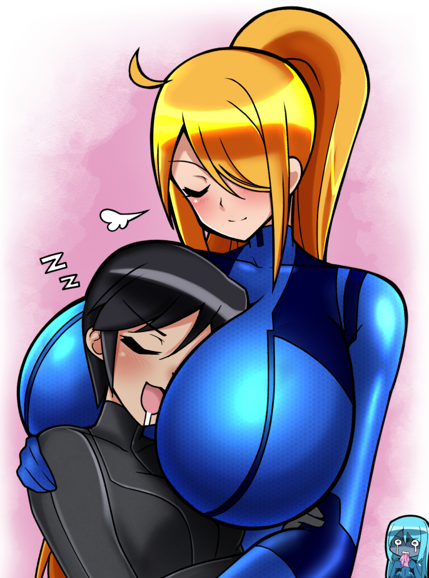 3girls :3 ahoge alternate_breast_size_(larger) armpit_crease asymmetrical_bangs between_breasts black_bodysuit black_hair blonde_hair blue_bodysuit blush bodysuit breasts clenched_teeth closed_eyes collarbone crying crying_with_eyes_open dark_samus eyelashes fangirl female_focus hair_between_eyes hair_over_one_eye happy head_between_breasts height_difference high_ponytail highres hug huge_breasts iriomote_umineko jealous light_blush long_hair looking_at_another metroid metroid_prime_4:_beyond multiple_girls neck nintendo nora_armstrong pink_background ponytail saliva saliva_trail samus_aran short_hair sidelocks sigh skin_tight sleeping sleeping_on_person small_breasts smile spoilers standing swept_bangs tall_female tears teeth upper_body yuri zero_suit zzz