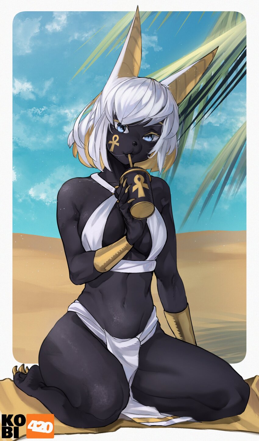 1girl absurdres ahsha_(nob_uwu) ancient_egyptian animal_ears animal_face animal_nose ankh ankh_print ankh_tattoo artist_logo artist_name barefoot beach_towel bikini black_skin blonde_hair blue_eyes blue_sky borrowed_character bracelet breasts collarbone colored_eyelashes colored_inner_hair colored_skin commentary cup desert drinking drinking_straw english_commentary fingernails full_body furry furry_female gift_art gold_nails hand_up highres holding holding_cup jackal_ears jackal_girl jewelry kobi420 logo looking_at_viewer medium_breasts multicolored_hair navel original outdoors outside_border palm_tree pelvic_curtain seiza sharp_fingernails short_hair sitting sky snout solo swimsuit tattoo towel tree white_bikini white_hair