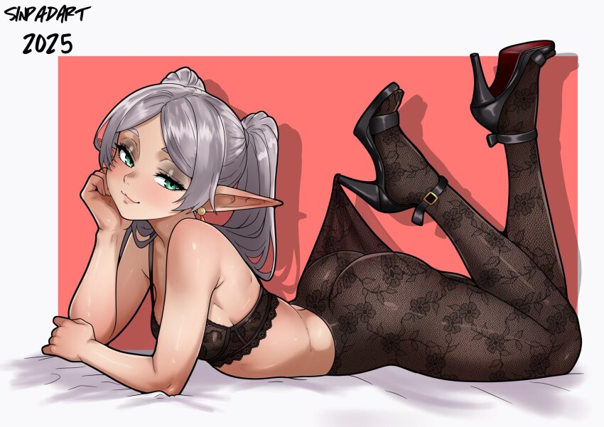 1girl artist_name ass black_eyeshadow bra breasts commentary dated earrings elf english_commentary eyeshadow floral_print floral_print_pantyhose frieren green_eyes high-waist_pantyhose high_heels highres hooked_on_heel jewelry lace lace_bra lace_pantyhose lace_pantyhose_hooked_on_heel_(meme) legs long_hair makeup meme pantyhose pantyhose_tug pointy_ears print_pantyhose sinpadart small_breasts sousou_no_frieren twintails underwear white_hair