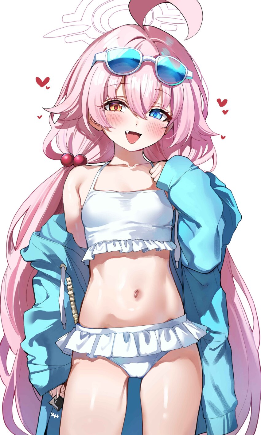 1girl absurdres ahoge bare_shoulders bikini blue_archive blue_eyes blue_jacket blush breasts condom condom_wrapper eyewear_on_head frilled_bikini frills hair_between_eyes hair_bobbles hair_ornament halo heterochromia highres hoshino_(blue_archive) hoshino_(swimsuit)_(blue_archive) jacket loli long_hair long_sleeves looking_at_viewer low_twintails navel open_clothes open_jacket open_mouth pink_hair sak_(lemondisk) small_breasts smile solo sunglasses swimsuit thighs twintails white_bikini yellow_eyes