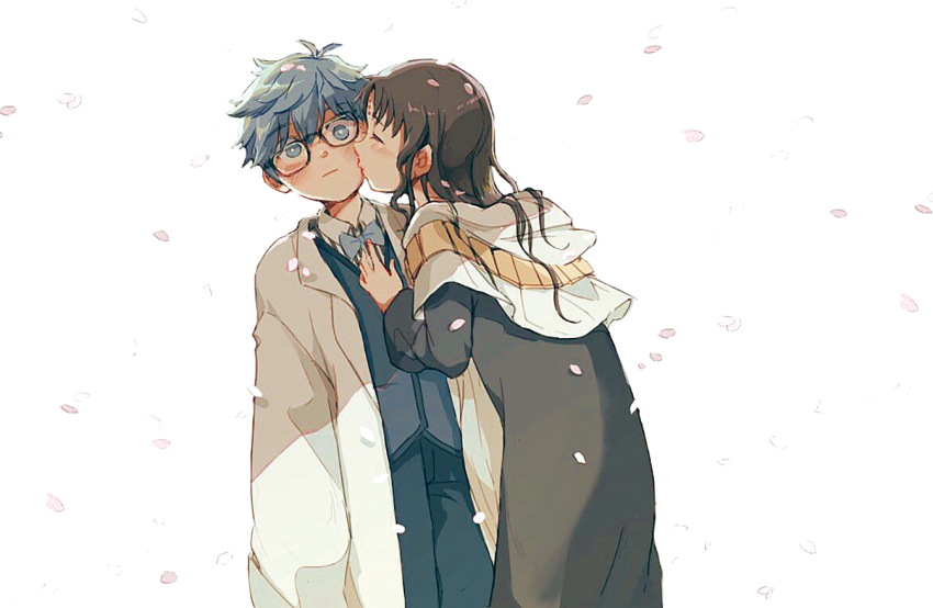 1boy 1girl aged_down amidura black-framed_eyewear black_dress black_hair blue_bow blue_bowtie blue_eyes blue_hair blue_shorts blue_vest blush bow bowtie child closed_eyes closed_mouth coat commentary cowboy_shot dress facial_mark facing_another falling_petals fate/extra fate/extra_ccc fate_(series) forehead_mark glasses gold_necklace green_hair hair_between_eyes hans_christian_andersen_(fate) jewelry kiss kissing_cheek long_sleeves looking_at_viewer medium_hair necklace open_clothes open_coat petals sessyoin_kiara shirt short_hair shorts sidelocks simple_background striped_clothes striped_shirt vertical-striped_clothes vertical-striped_shirt vest white_background white_coat white_shirt wide_sleeves