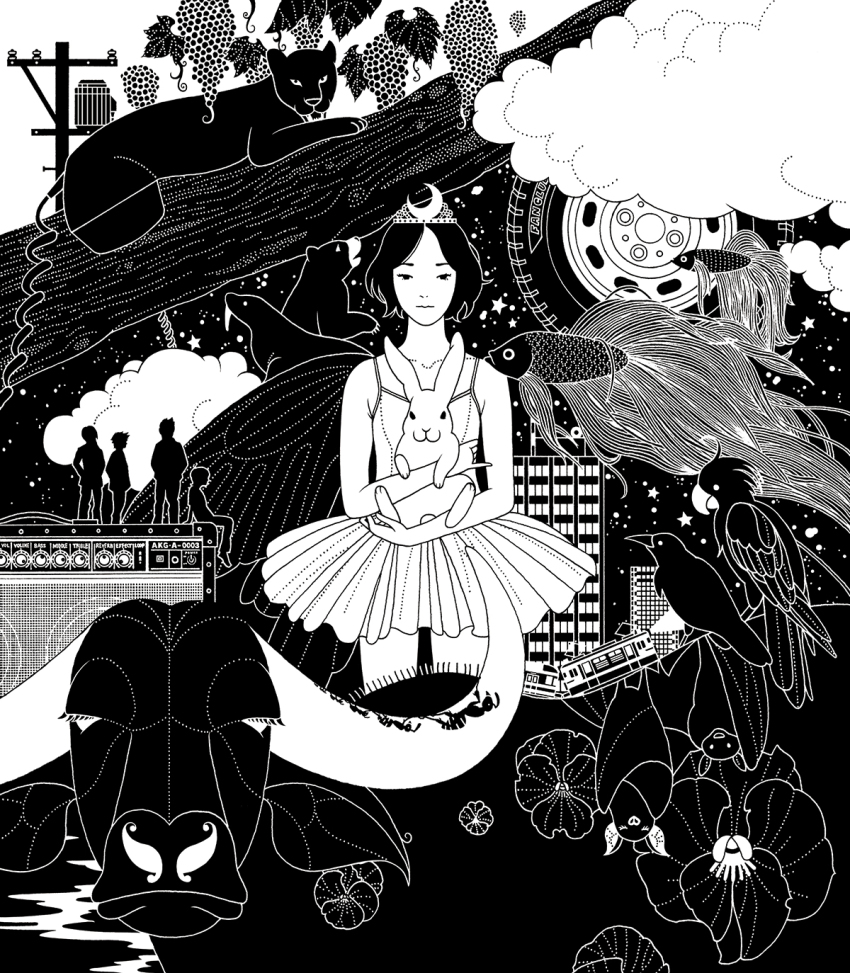 1girl 4boys album_cover amplifier animal ant asian_kung-fu_generation ballerina bare_arms bat_(animal) bear bird bug building bull circle closed_mouth cloud collarbone cover crescent crow fish flower food forehead fruit grapes greyscale highres holding holding_animal horns insect knob leaf leotard looking_at_viewer monochrome multiple_boys nakamura_yuusuke nostrils parrot parted_bangs pinky_out cougar rabbit sea_lion short_hair solo_focus spaghetti_strap standing star_(symbol) straight-on train tree tutu unused_tire utility_pole wheel