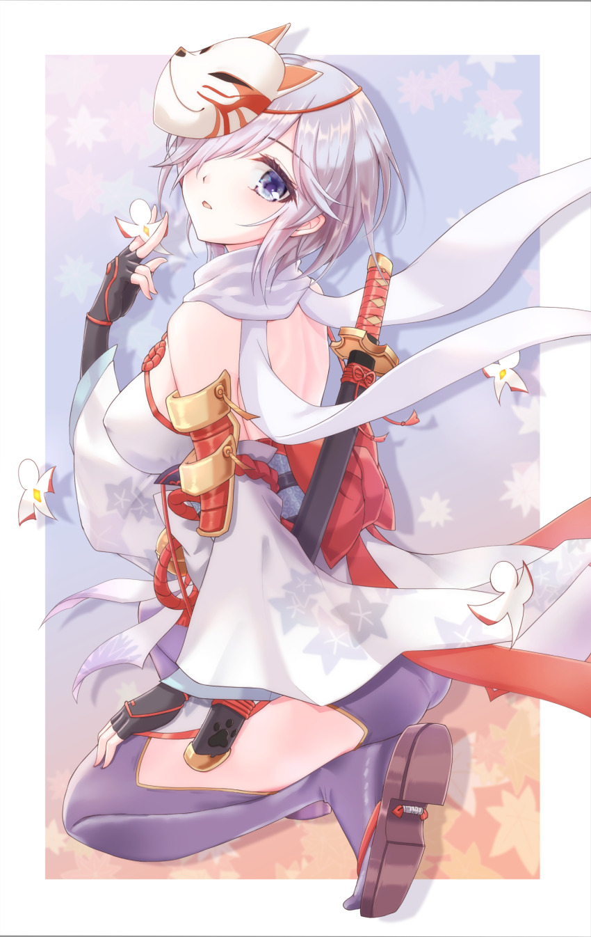 1girl ass back back_bow backless_outfit black_gloves blue_eyes blush bow breasts brown_sandals clothing_cutout commentary_request covered_erect_nipples detached_sleeves fingerless_gloves fox_mask full_body gloves grey_eyes hair_over_one_eye highres hip_vent katana kuma_king large_breasts looking_at_viewer looking_to_the_side mask mask_on_head open_mouth pantyhose purple_pantyhose purple_skirt ragnarok_online red_bow sandals scarf sheath sheathed shikigami shiranui_(ragnarok_online) shirt short_hair sideboob skirt solo sword sword_on_back waist_bow weapon weapon_on_back white_scarf white_shirt zouri