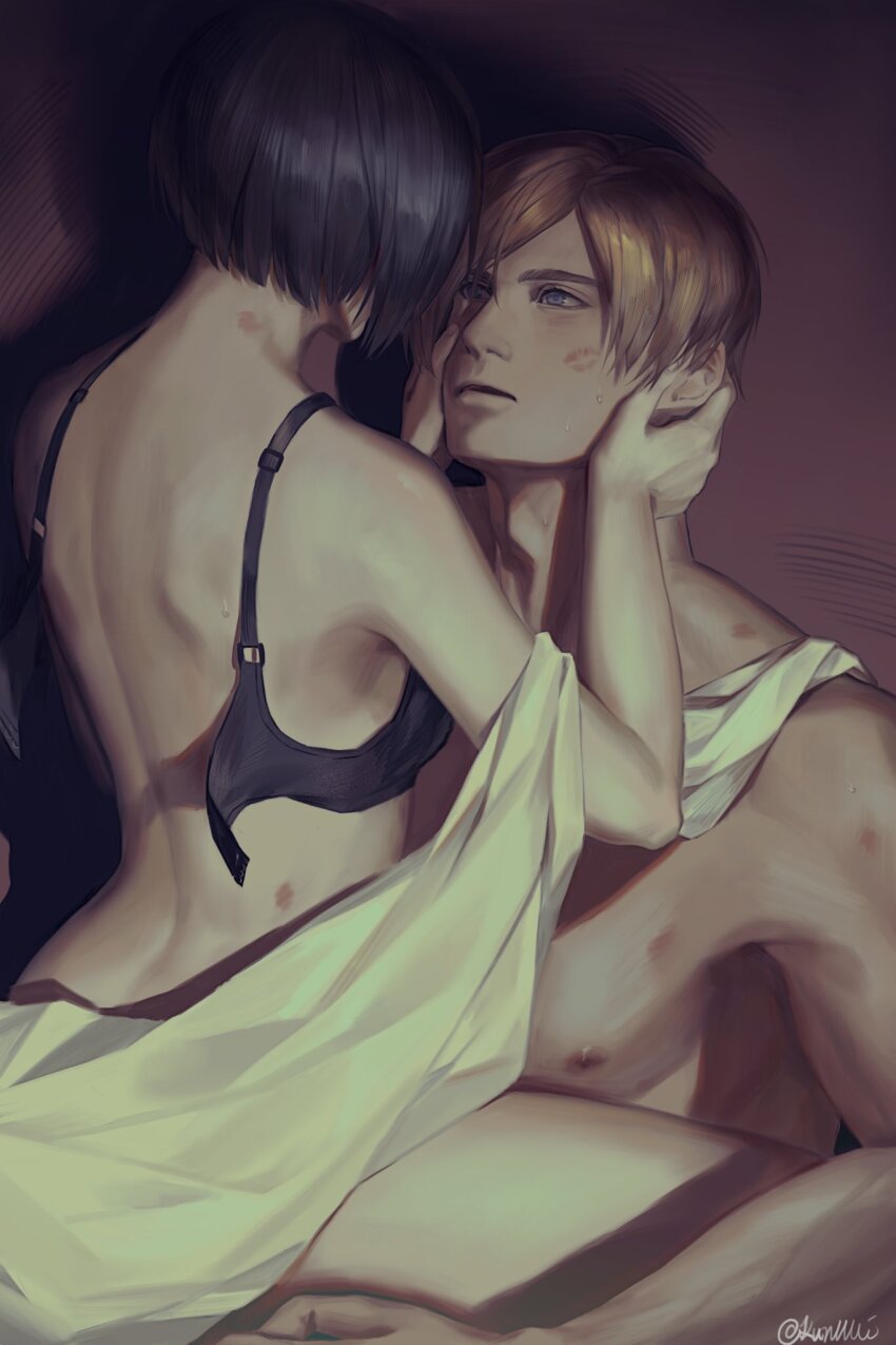 1boy 1girl ada_wong black_bra black_hair blanket blue_eyes bra brown_hair hands_on_another's_face hetero hickey highres kurumi031212 leon_s._kennedy lipstick_mark lipstick_mark_on_face looking_at_another median_furrow open_bra resident_evil straddling sweat twitter_username underwear upright_straddle