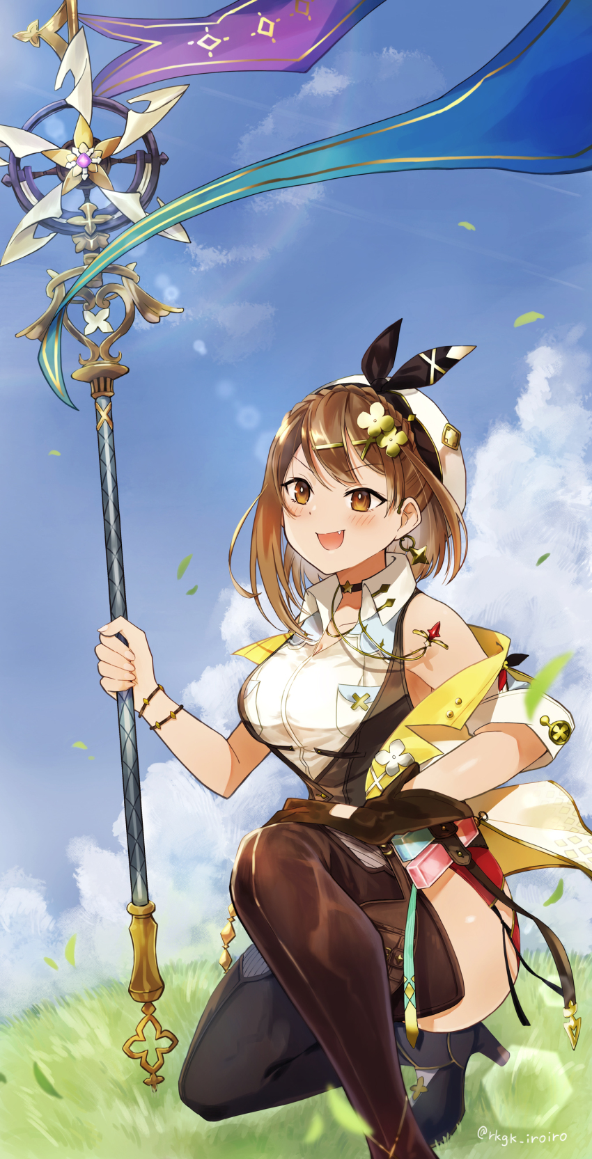 1girl :d absurdres artist_name atelier_(series) atelier_ryza atelier_ryza_3 bare_shoulders beret black_choker blue_sky blush boots braid breast_pocket breasts brown_eyes brown_gloves brown_hair brown_thighhighs brown_vest choker cloud clover_hair_ornament collarbone commentary_request crown_braid day earrings fang floating_earrings foot_out_of_frame gloves hair_ornament hat highres holding holding_staff jewelry large_breasts leather leather_gloves mage_staff multiple_necklaces muratoamado necklace on_one_knee open_mouth outdoors pocket red_shorts reisalin_stout short_hair shorts single_glove sky sleeveless smile solo staff star_(symbol) star_choker star_earrings star_necklace thigh_boots thighhighs thighs twitter_username v-shaped_eyebrows vest white_hat x_hair_ornament