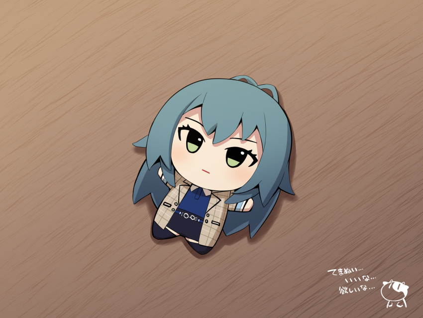 1girl antenna_hair black_skirt black_socks blue_hair blue_shirt brown_jacket character_doll chibi chibigurumi closed_mouth collared_shirt commentary_request doll gakuen_idolmaster green_eyes highres idolmaster jacket long_hair lying on_back open_clothes open_jacket plaid_clothes plaid_jacket polo_shirt shirt skirt socks solo translation_request tsukimura_temari uccow very_long_hair