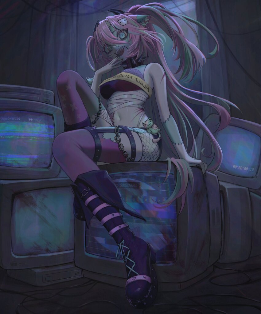 1girl absurdres animal_ear_fluff animal_ears aqua_streaks bandaged_stomach blue_eyes boots breasts cat_ears cat_girl chain crt fishnets full_body hair_between_eyes hand_up highres large_breasts long_hair looking_at_viewer mdm4 multicolored_hair navel open_mouth original pink_hair pink_thighhighs purple_boots scar scar_on_stomach sharp_teeth sitting smile solo stitched_arm stitched_face stitches streaked_hair teeth television thighhighs