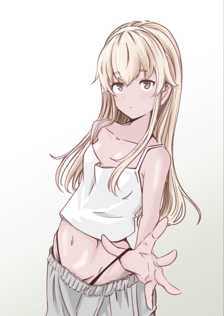 1girl alternate_costume blonde_hair camisole chakoru collarbone commentary_request cowboy_shot flat_chest gradient_background grey_eyes grey_shorts hairband highleg highleg_panties highres kantai_collection long_hair navel panties panty_pull shimakaze_(kancolle) shorts solo underwear white_background white_camisole white_hairband