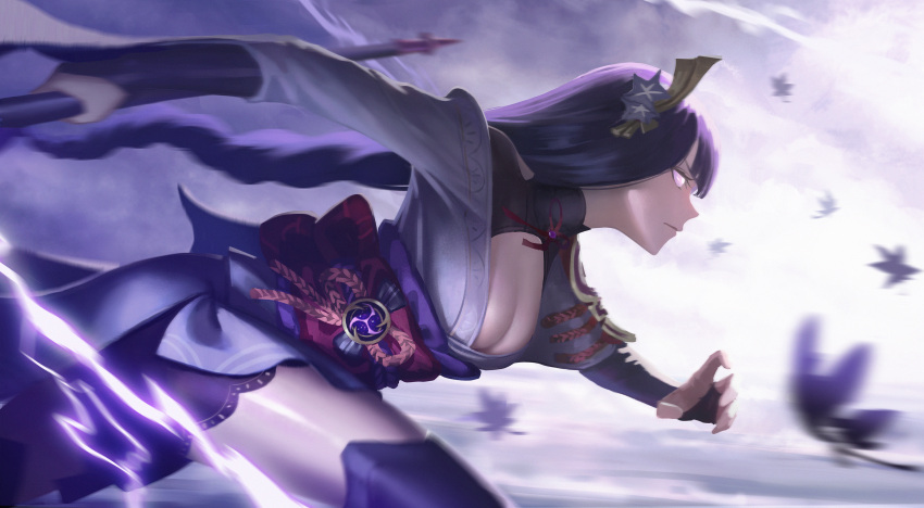 1girl absurdres asymmetrical_sleeves bird blunt_bangs blurry blurry_background braid breasts bridal_gauntlets cleavage closed_mouth commentary_request engulfing_lightning_(genshin_impact) floating_hair from_side genshin_impact glowing glowing_eyes hair_floating_upwards hair_flowing_over highres holding holding_polearm holding_weapon japanese_clothes kimono large_breasts leaning_forward lingerie long_braid looking_ahead motion_blur no_mole polearm purple_background purple_clouds purple_eyes purple_hair purple_kimono purple_sky purple_thighhighs raiden_shogun red_sash running sash single_braid sky solo thighhighs too_many too_many_birds underwear uneven_sleeves weapon wide_sleeves yitaiyi