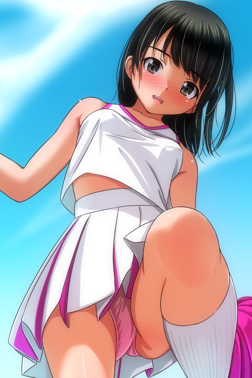 1girl absurdres black_hair blush breasts brown_eyes cheerleader cloud collarbone commentary_request from_below highres kneehighs leg_up long_hair looking_at_viewer matsunaga_kouyou medium_breasts open_mouth original panties pink_panties pom_pom_(cheerleading) shirt skirt sky sleeveless sleeveless_shirt smile socks solo standing teeth underwear white_shirt white_skirt white_socks