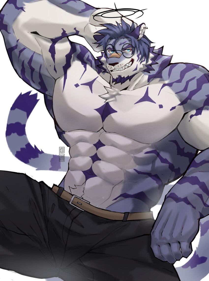 1boy abs animal_ears arm_behind_head bara beard blue_eyes bulge facial_hair feet_out_of_frame forked_eyebrows furry furry_male glasses goatee grin halo highres koudro large_pectorals looking_at_viewer male_focus mature_male muscular muscular_male navel no_nipples original pants pectorals purple_fur seductive_smile short_hair smile smirk solo spread_legs stomach strongman_waist tail thick_eyebrows thick_thighs thighs tiger_boy tiger_ears tiger_tail topless_male