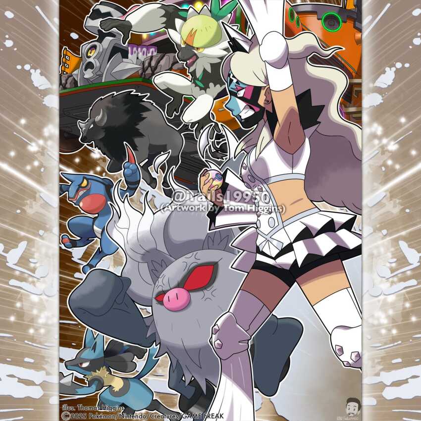1girl anger_vein annihilape arm_up armpits artist_name character_name clenched_teeth closed_mouth clothing_cutout colored_sclera commentary company_name copyright_notice detached_sleeves earrings english_commentary eri_(pokemon) facepaint fangs fingernails from_side gen_4_pokemon gen_7_pokemon heal_ball highres hip_vent holding holding_poke_ball horns instagram_username jewelry knee_pads long_hair lucario merchandise_available motor_vehicle nintendo official_style one-eyed open_mouth orange_eyes outline paldean_tauros paldean_tauros_(combat_breed) passimian poke_ball pokemon pokemon_(creature) pokemon_sv red_eyes revavroom shirt skirt team_star teeth thighhighs tom_higgins toxicroak watermark white_eyes white_hair white_outline white_shirt white_skirt white_thighhighs yellow_sclera