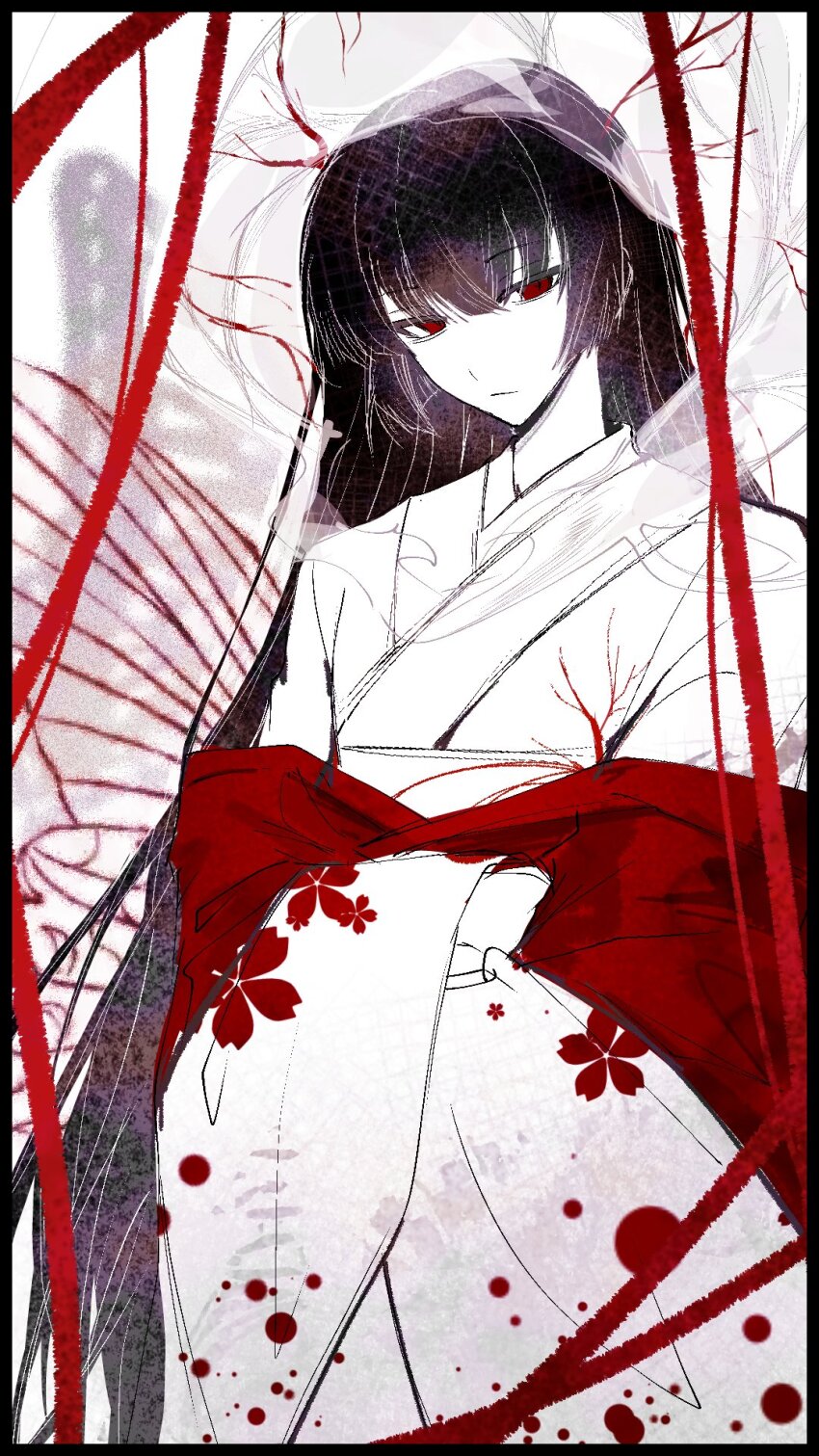 1girl black_hair bridal_veil closed_mouth commentary_request crossed_arms floral_print highres japanese_clothes kimono limbus_company long_hair long_sleeves looking_at_viewer meito_404 project_moon red_eyes ryoshu_(project_moon) see-through_clothes shiromuku simple_background solo string string_of_fate uchikake veil veins wataboushi white_kimono wide_sleeves