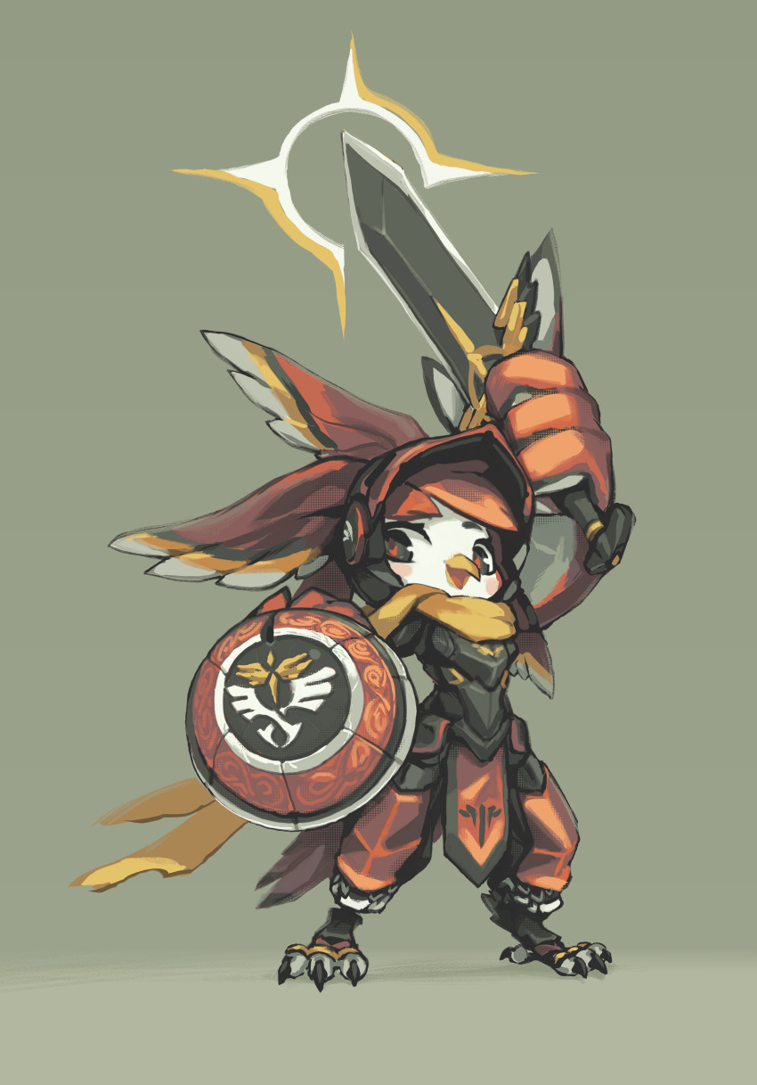 1girl 2020 absurdres agla_the_siren armor bird bird_girl bird_tail bird_wings black_armor chinese_commentary claws commentary downturned_eyes english_commentary fantasy feather_hair feathered_wings full_armor furry furry_female helmet highres knight krita_(medium) looking_at_viewer looking_down original red_armor red_fur red_helmet scarf shield signature simple_background siren_(mythology) spirit_animals_in_disguise standing sword tabletop_rpg tail tsurime tyson_tan weapon wings yellow_scarf