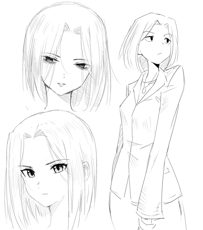 1girl bad_tag bob_cut chaos;head commission dress gloves grin highres jacket jewelry looking_at_viewer monochrome multiple_views necklace nishijou_matriarch optaku science_adventure serious shiny_eyes short_hair simple_background sketch smile solo