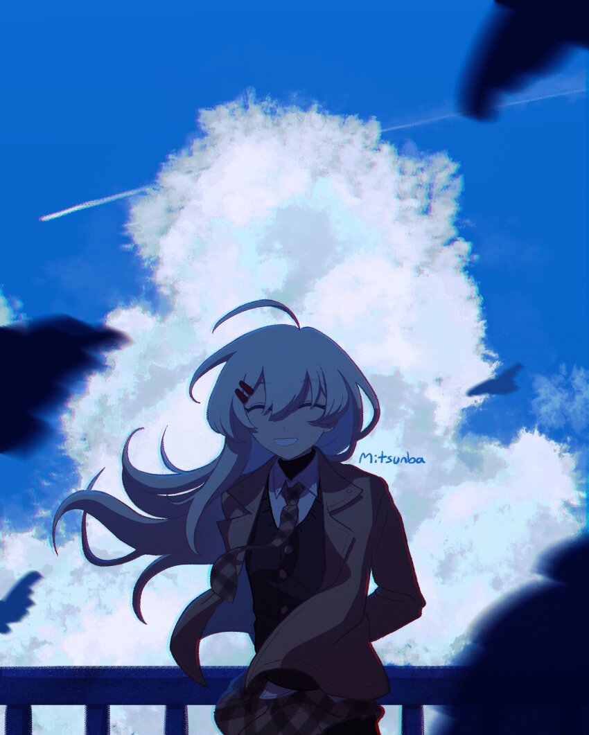 1girl absurdres ahoge bird blue_sky brown_jacket brown_necktie brown_skirt closed_eyes cloud collared_shirt commentary_request contrail cowboy_shot floating_clothes floating_jacket hair_ornament hairclip highres jacket long_hair mitsunba necktie open_clothes open_jacket open_mouth original outdoors parallel_hairclips plaid_clothes plaid_necktie plaid_skirt railing shirt sidelocks signature skirt sky solo teeth vest white_hair white_shirt wind