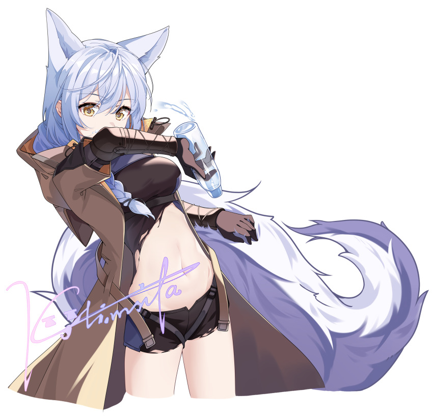 1girl absurdres animal_ears arknights black_shirt black_shorts blue_hair bottle breasts brown_gloves brown_jacket commentary_request cropped_legs double-parted_bangs gloves hair_between_eyes highres holding holding_bottle hood hood_down hooded_jacket jacket kolimiya large_tail long_hair looking_at_viewer medium_breasts open_clothes open_jacket plastic_bottle provence_(arknights) provence_(wasteland_walker)_(arknights) shirt short_shorts shorts signature simple_background solo stomach tail torn_clothes torn_shirt water_bottle white_background wolf_ears wolf_girl wolf_tail yellow_eyes
