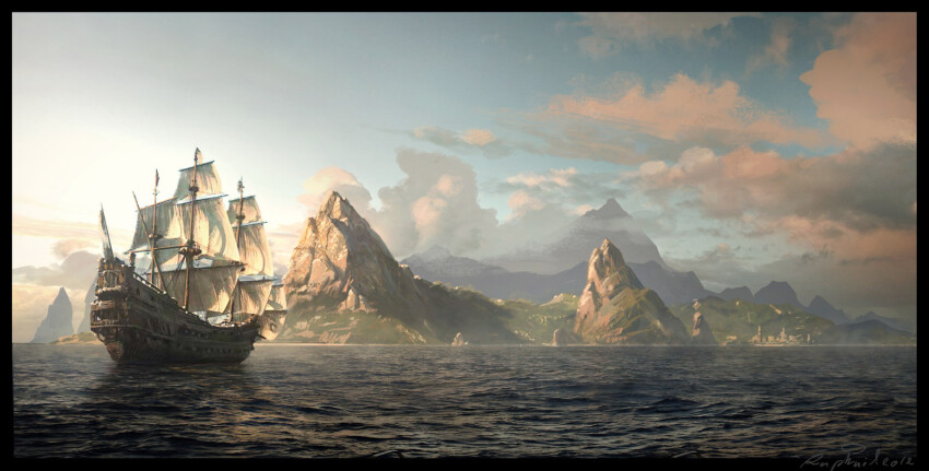 assassin's_creed_(series) assassin's_creed_iv:_black_flag blue_sky cloud cloudy_sky commentary english_commentary highres island landscape mountain no_humans ocean painterly pirate_ship raphael-lacoste sail sailing_ship scenery signature sky sunlight water waves