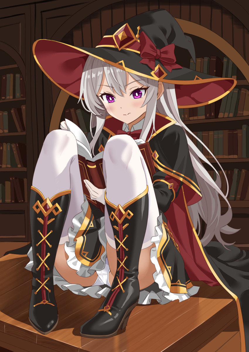 1girl black_boots black_cape black_hat black_shirt black_skirt book bookshelf boots bow bright_pupils cape closed_mouth commentary_request commission crotch_seam dot_nose double-parted_bangs full_body gloves grey_hair hat hat_bow high_heel_boots high_heels highres holding holding_book indoors lace-up_boots library long_hair miniskirt on_table open_book original panties pantyshot pigeon-toed pixiv_commission purple_eyes reading red_bow shimouki_izui shirt skirt solo table thighhighs underwear variant_set white_gloves white_panties white_pupils white_thighhighs witch_hat