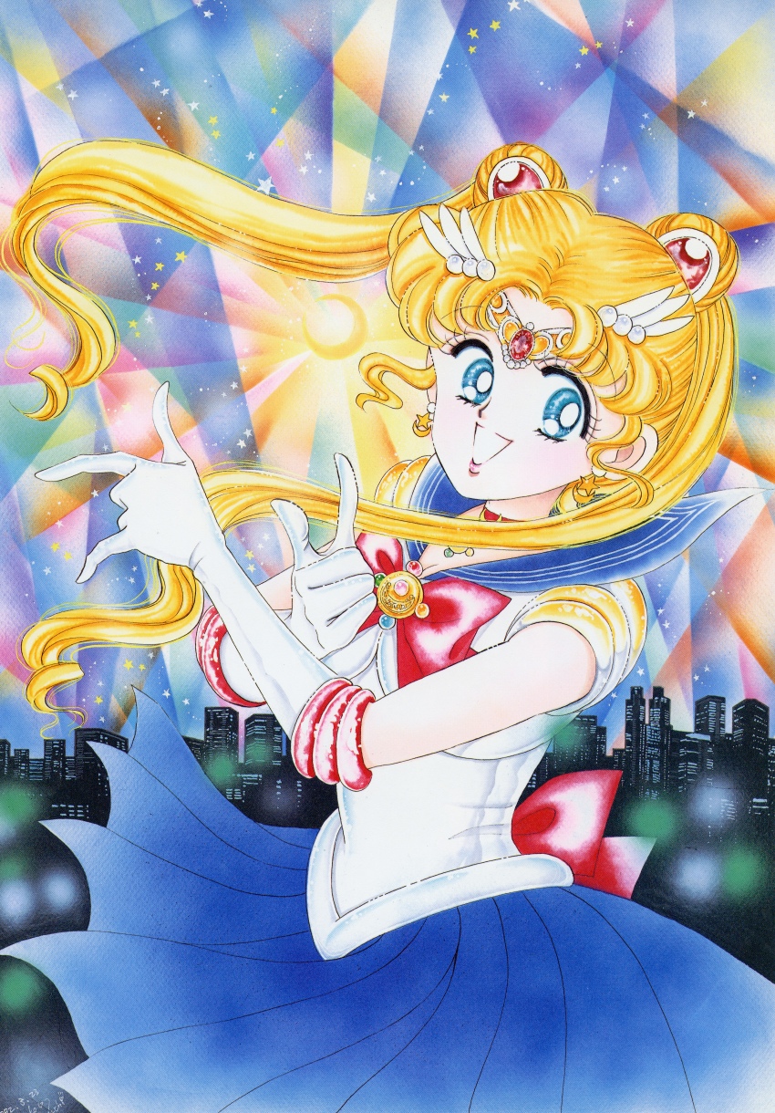 1990s_(style) 1girl :d absurdres artbook bishoujo_senshi_sailor_moon blonde_hair blue_eyes blue_sailor_collar blue_skirt choker cityscape crescent crescent_earrings earrings elbow_gloves gloves highres incredibly_absurdres jewelry lips long_hair looking_at_viewer magical_girl open_mouth pink_lips pleated_skirt red_choker retro_artstyle sailor_collar sailor_moon sailor_moon_pose sailor_senshi sailor_senshi_uniform scan sidelocks skirt smile solo star_(symbol) star_earrings star_symbol_background takeuchi_naoko tsukino_usagi white_gloves