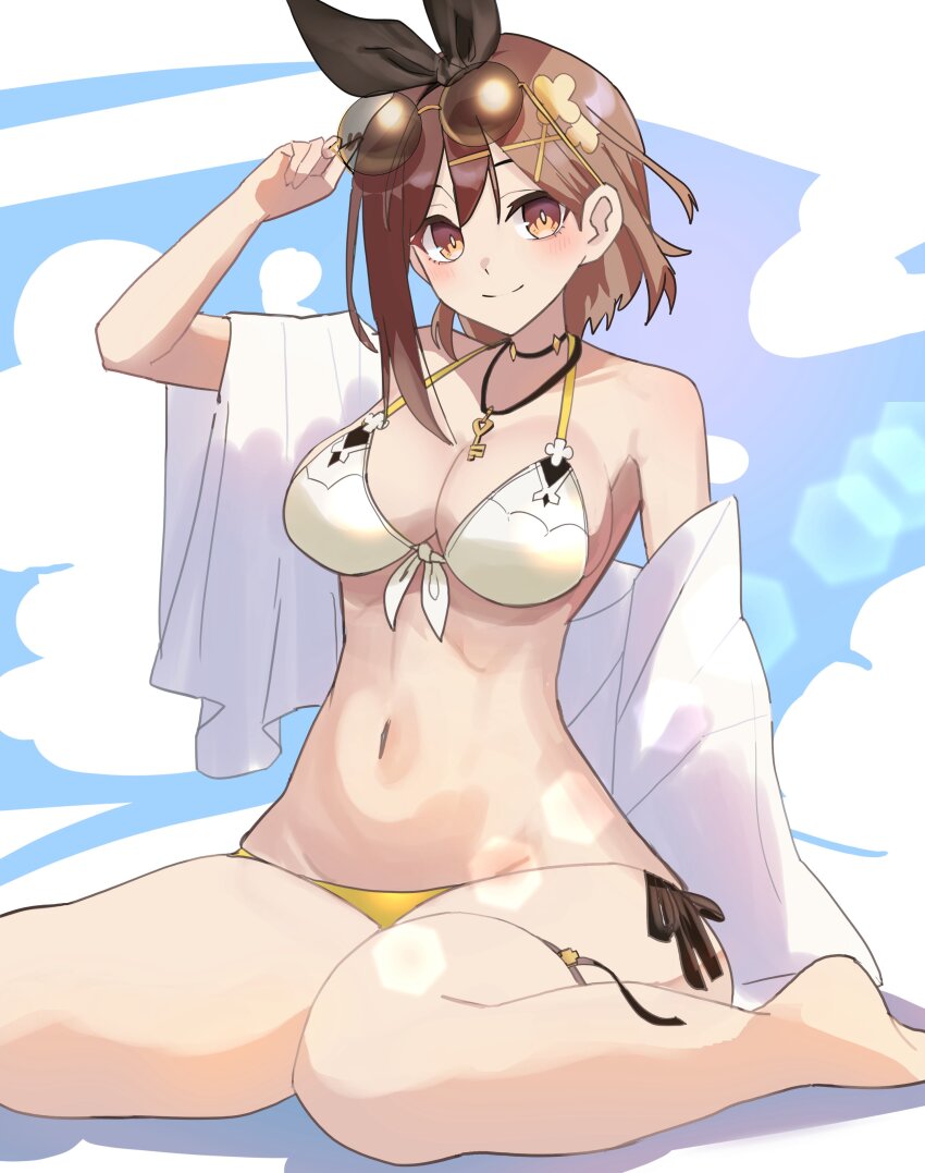1girl absurdres amausa_subee atelier_(series) atelier_ryza bikini black_ribbon breasts brown_eyes brown_hair commentary_request eyewear_on_head hair_ribbon highres large_breasts reisalin_stout ribbon solo sunglasses swimsuit white_bikini yellow_bikini