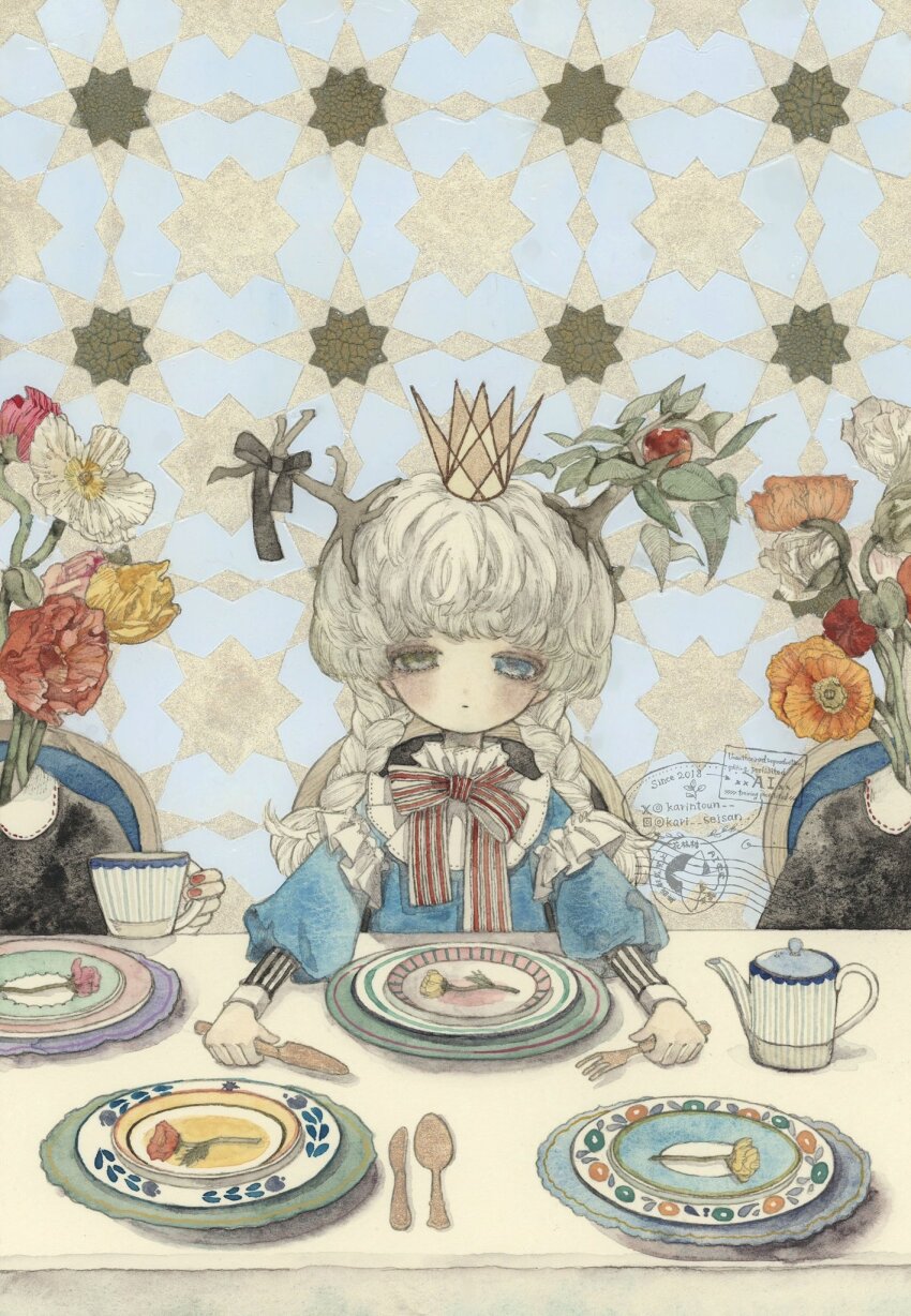 1girl acrylic_paint_(medium) asymmetrical_antlers blue_eyes blue_shirt blunt_bangs blush bouquet bow bowtie braid chair closed_mouth commentary crown cup cutlery flower food fork frilled_shirt_collar frills fruit geometric_pattern green_eyes half-closed_eyes heterochromia highres holding holding_fork holding_knife indoors instagram_logo instagram_username karintoun knife large_bow long_hair long_sleeves looking_at_viewer original painting_(medium) pale_skin patterned_background pomegranate poppy_(flower) postmark ribbon shirt signature sitting spoon straight-on striped_bow striped_ribbon table tableware teacup teapot traditional_media twin_braids twitter_username twitter_x_logo vase watercolor_(medium) watermark white_hair