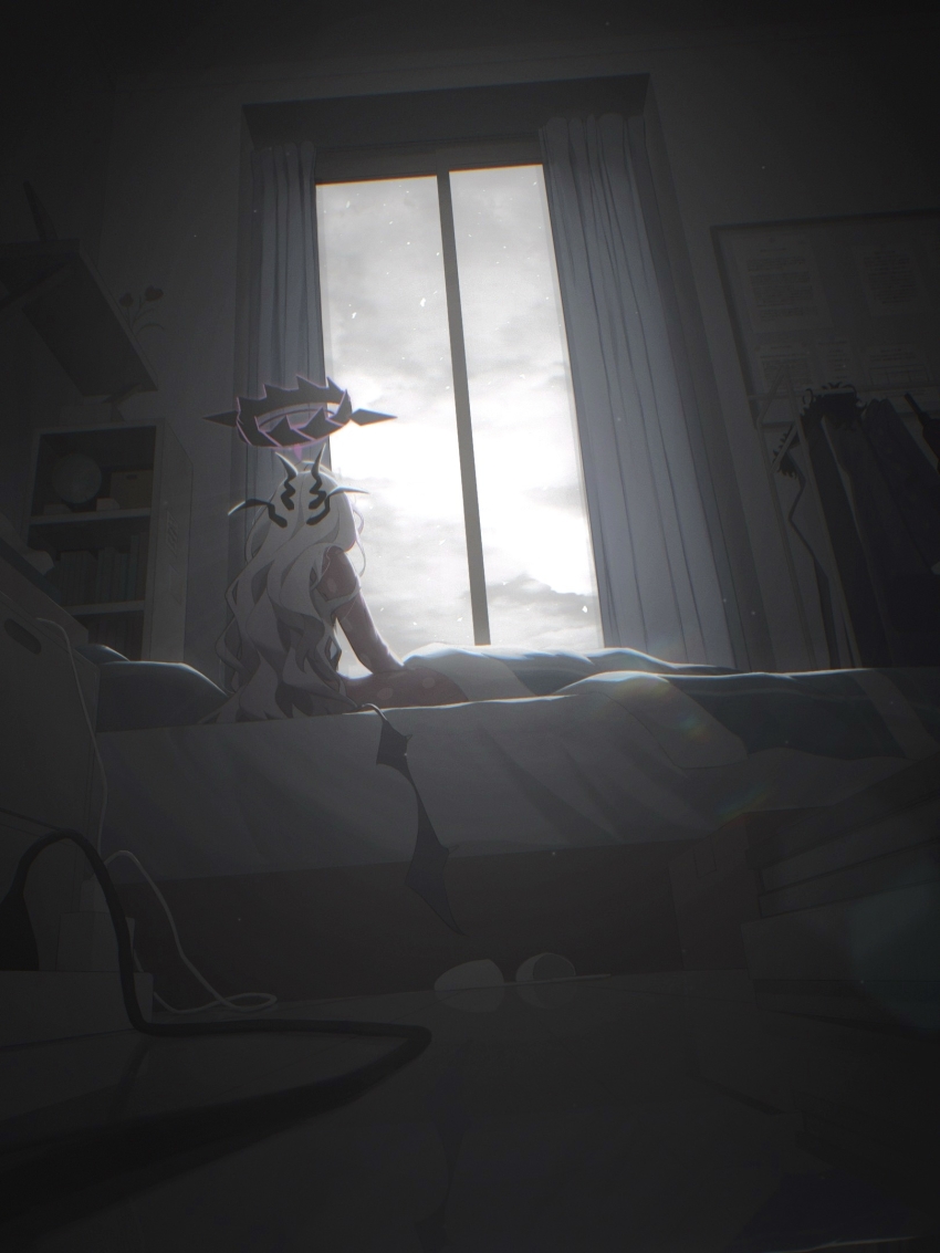 1girl bed bedroom black_halo black_horns blanket blue_archive commentary curtains dark day demon_girl demon_horns demon_wings from_behind from_below grey_sky halo highres hina_(blue_archive) hina_(pajamas)_(blue_archive) horns indoors long_hair looking_outside mira_k multiple_horns official_alternate_costume on_bed overcast pajamas pink_pajamas polka_dot polka_dot_pajamas purple_halo sitting sky slippers solo unworn_slippers white_hair window wings