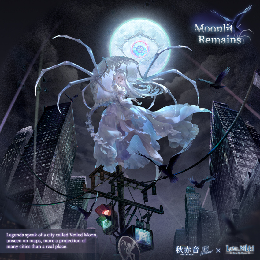 1girl akiakane bird black_eyes black_lips black_sky bone boots building closed_mouth cloud crow demon_girl demon_horns dress expressionless floating_clothes floating_hair frilled_anklet frilled_dress frills from_behind full_body full_moon gothic_lolita gown hair_intakes high_heel_boots high_heels holding holding_umbrella horns juliet_sleeves lipstick lolita_fashion long_dress long_hair long_sleeves looking_at_viewer makeup miracle_nikki moon moonlit_remains_(miracle_nikki) night nikki_(series) official_art one_eye_closed outdoors parasol power_lines puffy_sleeves skeletal_tail skeletal_wings sky skyscraper solo straight_hair tail third-party_source traffic_light umbrella umbrella_over_shoulder very_long_hair white_boots white_dress white_hair white_horns white_umbrella wind wings