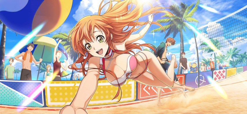 1boy 1girl ball bikini breasts brown_hair code_geass code_geass:_lost_stories f4samurai game_cg green_eyes highres kururugi_suzaku long_hair official_art open_mouth orange_hair shirley_fenette short_hair side-tie_bikini_bottom smile summer summer_uniform swimsuit teeth volleyball