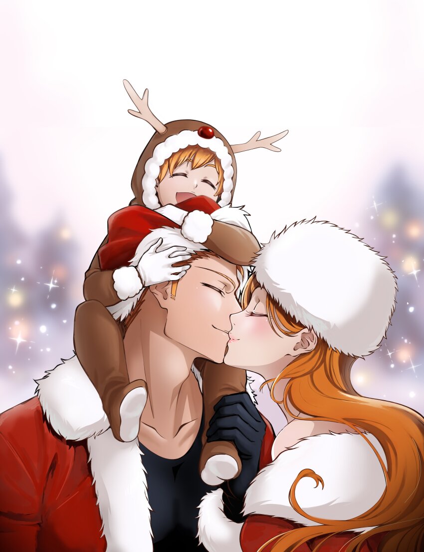1girl 2boys animal_costume antlers bare_shoulders bleach bleach:_epilogue closed_eyes collarbone father_and_son fur_trim gloves happy hat hetero horns husband_and_wife inoue_orihime kiss kurosaki_ichigo kurosaki_kazui long_hair mature_female mother_and_son multiple_boys open_mouth orange_hair reindeer_antlers reindeer_costume rozuberry santa_hat short_hair upper_body white_gloves