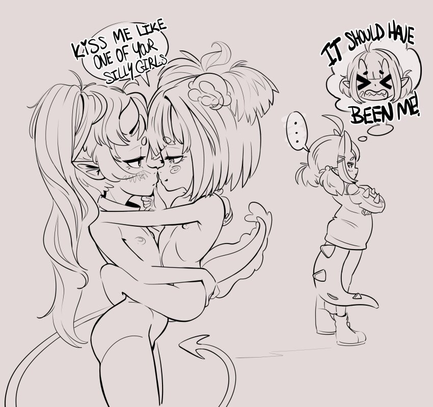 2025 3girls carrying ch4i_(vtuber) chio_chompi crossed_arms cuckquean demon_girl dinosaur_girl dinosaur_tail english_text flat_chest frog_girl greyscale indie_virtual_youtuber leg_lock loli monochrome multiple_girls nymphedahlia rebbi_rompin size_difference speech_bubble tail thought_bubble voice_actor_connection yuri