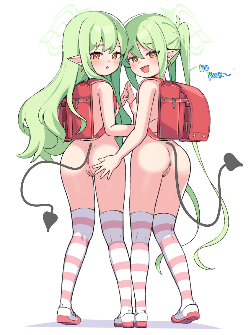 2girls absurdres ass blue_archive female_focus from_behind grabbing_another's_ass groping highres hikari_(blue_archive) incest legs loli multiple_girls nozomi_(blue_archive) pussy shoes siblings sisters standing striped_clothes striped_thighhighs tail thighhighs thighs vieru2n yuri