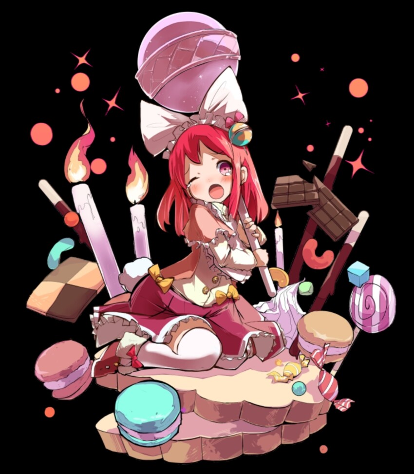 1boy 1girl absurdres black_background blush bow brown_cape brown_shoes candle candy cape chocolate chupa_chups collared_shirt cookie flat_chest food frilled_cape frilled_skirt frills full_body hair_bow highres holding holding_candy holding_food holding_lollipop large_bow lollipop long_hair long_sleeves macaron melty_(merc_storia) merc_storia merc_storia_art_team official_art one_eye_closed open_mouth pink_eyes pink_hair pocky purple_skirt raised_inner_eyebrows shirt shoes sidelocks simple_background sitting skirt solo swirl_lollipop tachi-e tearing_up tears thighhighs wariza white_bow white_shirt white_thighhighs yellow_bow